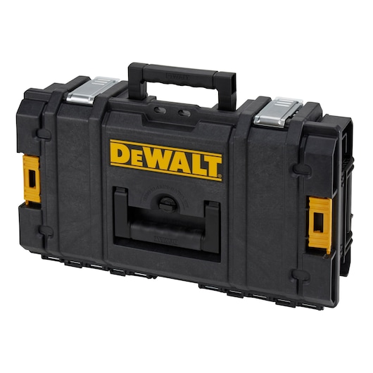 A DEWALT branded black hard plastic toolbox with a sturdy central handle, metal latches, and yellow side clips. The box is rectangular and designed for carrying and organizing tools.
