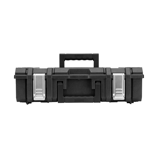 A black hard plastic toolbox with a sturdy handle on top and two metal latches on the front for secure closure.