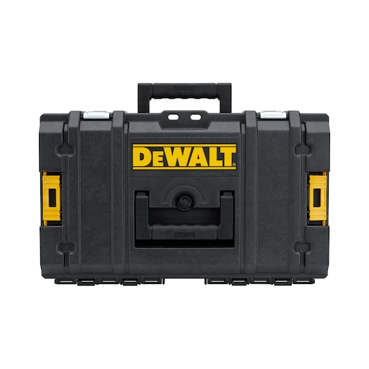 A black DEWALT toolbox with a yellow DEWALT logo on the front, featuring a sturdy carrying handle and yellow side latches.