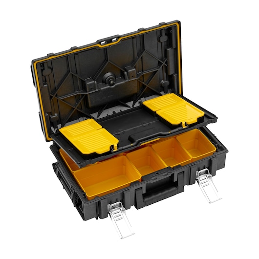 A black and yellow DEWALT plastic tool organizer box with multiple compartments and two metal latches, shown open with the inner compartments visible.