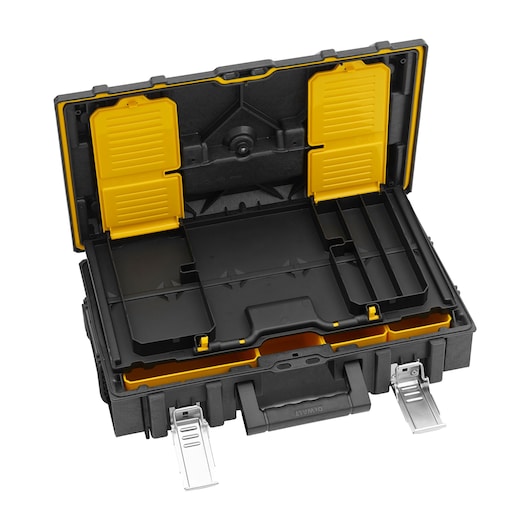 Open DEWALT tool case with a black and yellow interior, showing multiple compartments and sturdy metal latches.