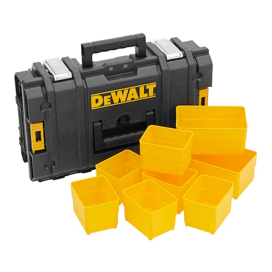 A DEWALT branded black storage case with a handle and metal latches, shown with several removable yellow plastic bins placed in front. The bins are used for organizing small items inside the case.