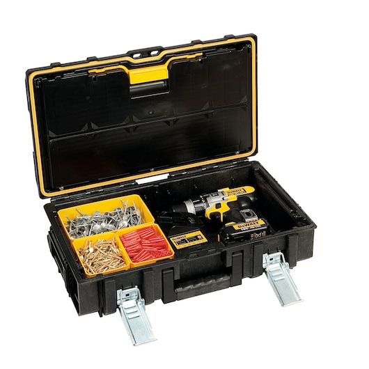 A black DEWALT toolbox with yellow compartments, containing a cordless drill, drill battery, charger, and organizer boxes filled with screws, nails, and anchors.