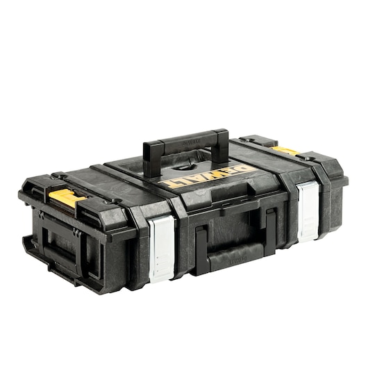 A black DEWALT plastic tool box with a handle on top, metal side latches, and yellow accents, designed for secure storage and transport of tools.