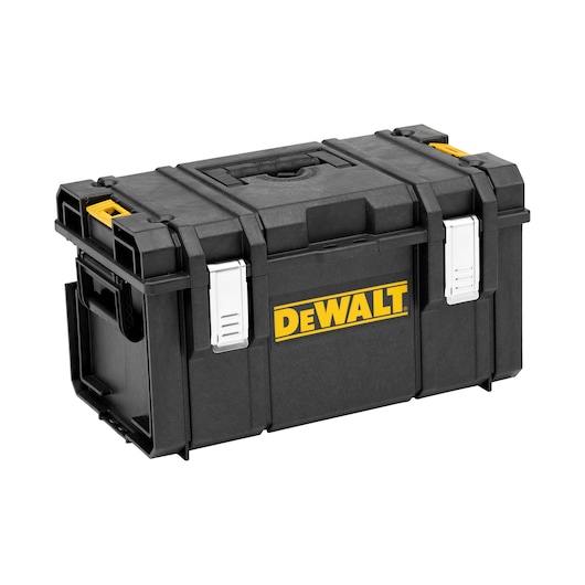 A black plastic DEWALT toolbox with metal latches, a carry handle on top, and yellow accents. The DEWALT logo is prominently displayed on the front.