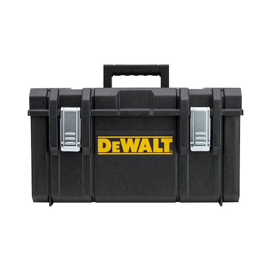 A black DEWALT toolbox with metal latches and a sturdy handle on top. The DEWALT logo is prominently displayed in yellow and black on the front.