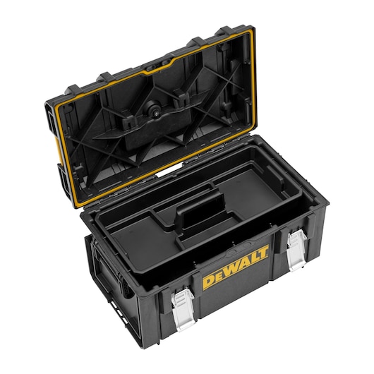 Black DEWALT tool box with an open lid, showing an inner tray for organizing tools and metal latches on the front.