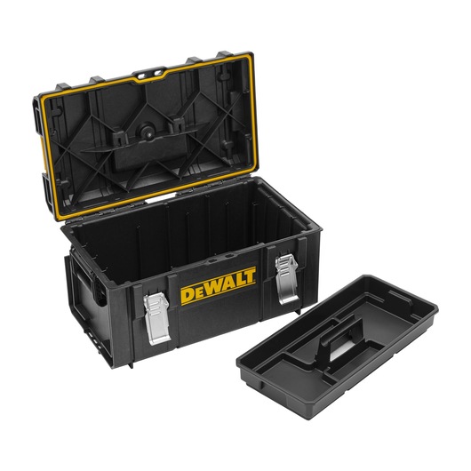 A black DEWALT toolbox with a yellow logo, shown open with a removable plastic tray placed outside the box. The toolbox has two metal latches on the front.
