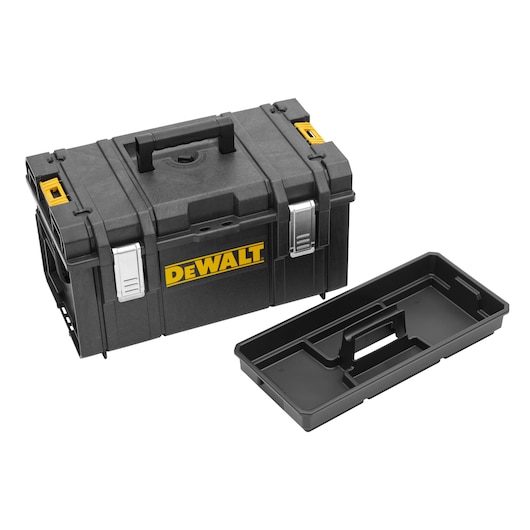 A black DEWALT toolbox with yellow latches and silver locks, shown with a removable tray beside it.