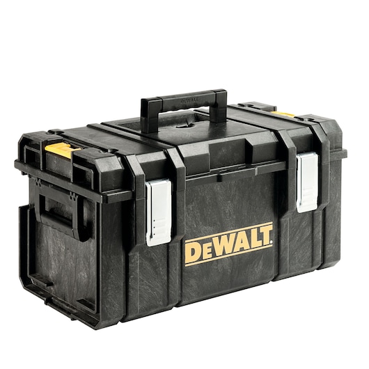 A black DEWALT plastic toolbox with a sturdy handle, two metal latches, and a yellow DEWALT logo on the side. The toolbox has reinforced corners and a rugged design.