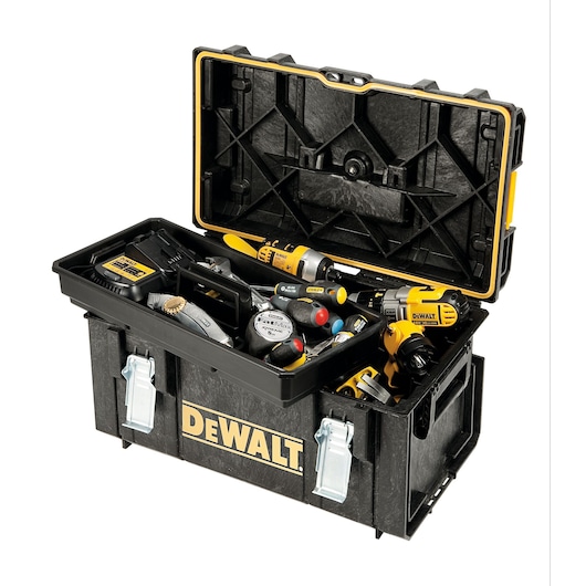 A DEWALT-branded black toolbox with an open lid, containing various tools including screwdrivers, a tape measure, and cordless drills.