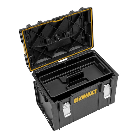 Open DEWALT black plastic toolbox with yellow trim, showing the interior tray and sturdy metal latches on the front.