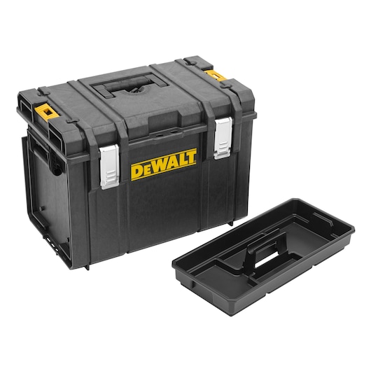 A black DEWALT toolbox with metal latches and a yellow logo, shown with a removable black plastic tray beside it.