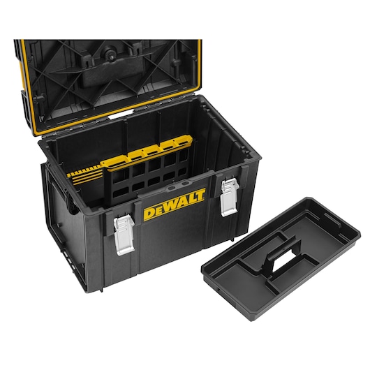 A DEWALT black plastic tool box with an open lid, featuring metal latches, a yellow organizer inside, and a removable tray placed beside it.