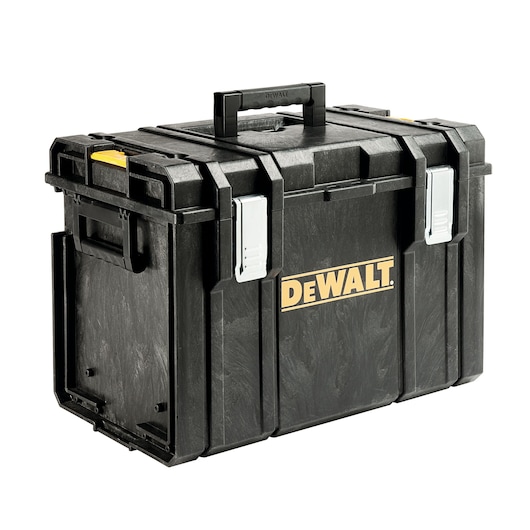 A black DEWALT hard plastic toolbox with a carry handle on the top, metal latches, and side handles, designed for secure storage and transport of tools.
