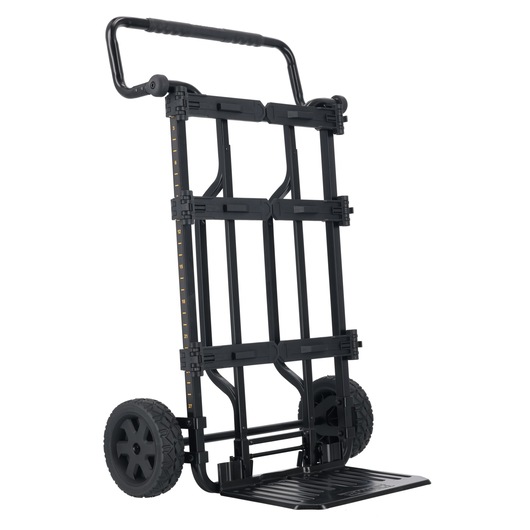 A black foldable hand truck trolley with two large wheels and an extendable handle. The trolley is designed for carrying heavy loads, featuring a sturdy frame and a wide base plate.