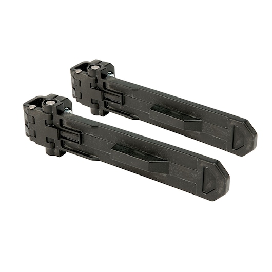 Two black DEWALT photography accessory brackets with a geometric, sturdy design, shown on a white background.