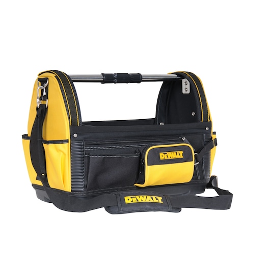 A DEWALT branded open tool bag with a metal handle, yellow and black fabric, multiple pockets, and a shoulder strap.