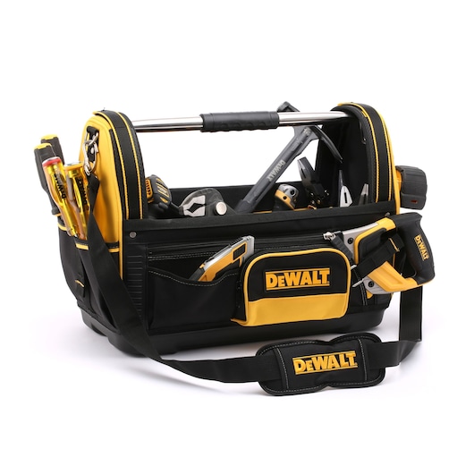 A black and yellow DEWALT branded tool bag filled with various tools including screwdrivers, a drill, pliers, and other hand tools. The bag has multiple compartments and a shoulder strap.