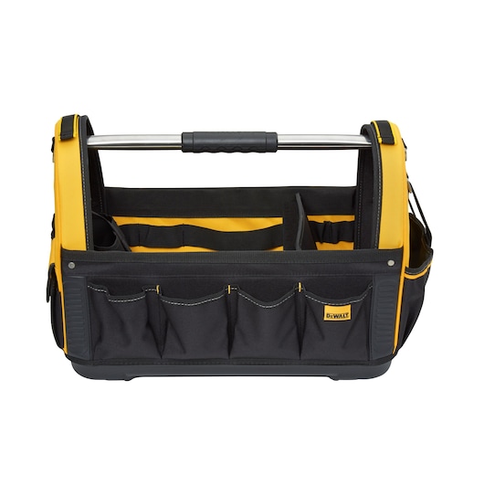 A DEWALT open tote tool bag with a metal handle and multiple exterior pockets. The bag is black with yellow accents and features a sturdy design suitable for carrying tools and accessories.