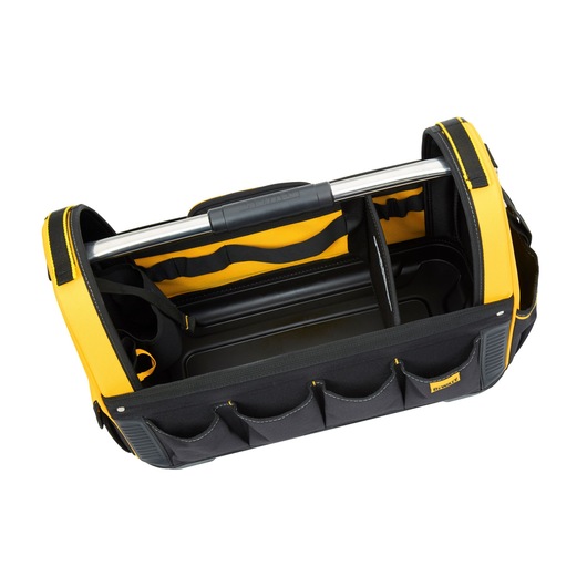 A DEWALT black and yellow open tool bag with multiple compartments and a sturdy metal handle, designed for organizing and carrying tools.