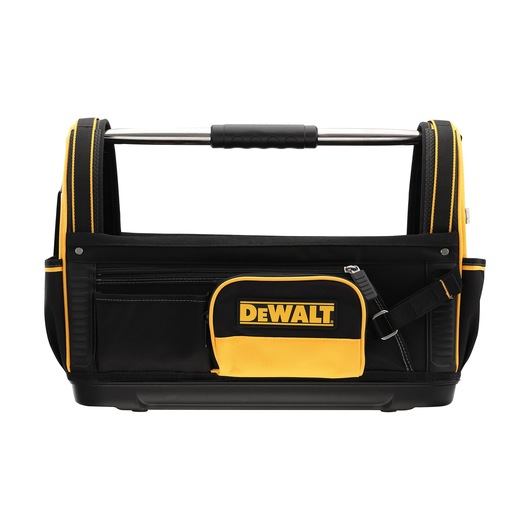 Front view of a DEWALT open-top tool bag with a sturdy metal handle, multiple external pockets, and a yellow and black zippered pouch displaying the DEWALT logo.