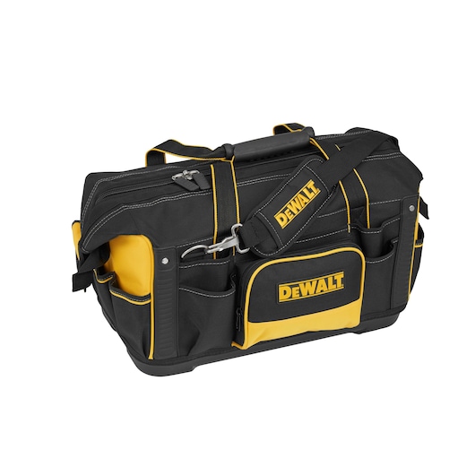 A black and yellow DEWALT tool bag with multiple exterior pockets, a zippered main compartment, and a padded shoulder strap.