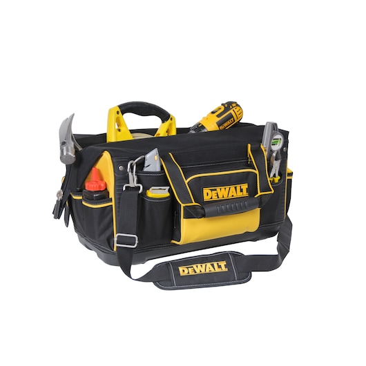A DEWALT branded black and yellow tool bag filled with various hand tools, including a hammer, a measuring tape, a drill, pliers, and other accessories. The bag features multiple pockets and a shoulder strap.