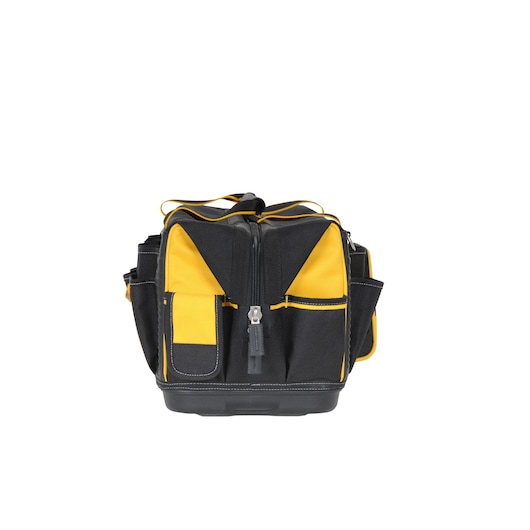 A DEWALT black and yellow tool bag with multiple exterior pockets and a zippered main compartment, photographed on a white background.