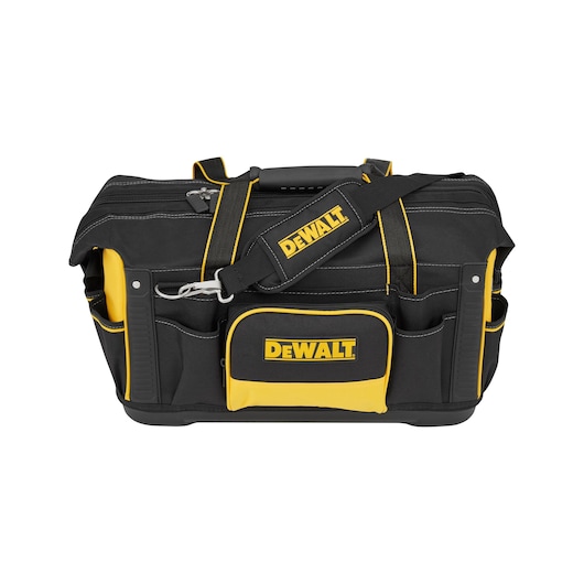 A DEWALT branded black and yellow tool bag with multiple exterior pockets, a shoulder strap, and sturdy handles. The bag is designed for carrying tools and accessories.