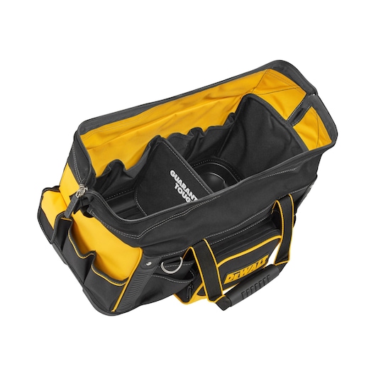 A DEWALT branded black and yellow tool bag with multiple pockets and compartments, shown open and empty.