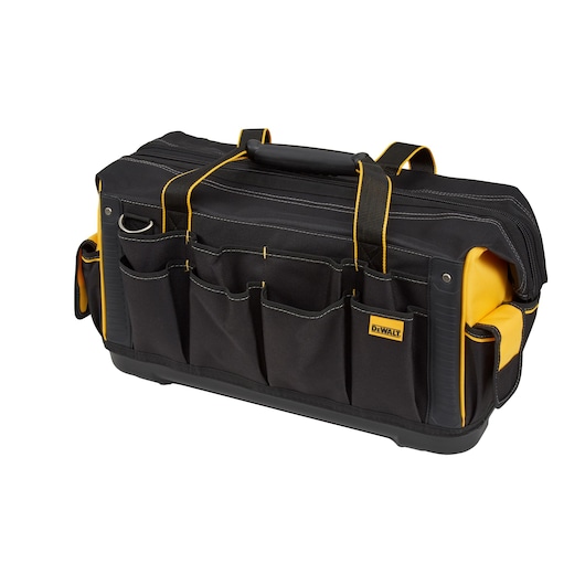 A DEWALT black and yellow tool bag with multiple external pockets, a sturdy handle, and reinforced sides. The bag is designed for carrying and organizing tools.