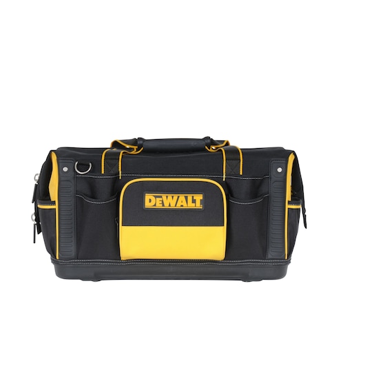 A DEWALT branded tool bag in black and yellow with multiple pockets, a sturdy handle, and a zippered main compartment. The bag is designed for carrying tools and accessories.