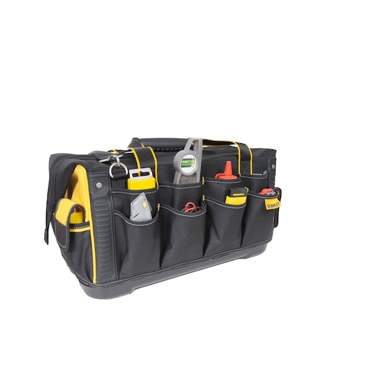 A DEWALT black and yellow tool bag with multiple exterior pockets, filled with various hand tools and accessories, displayed on a white background.