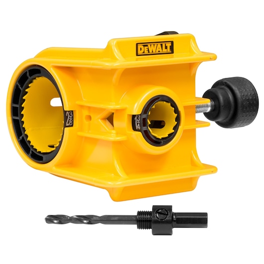 A yellow DEWALT hole saw drill guide with black accents and a drill bit adapter placed in front of it. The guide is used for precision hole drilling.