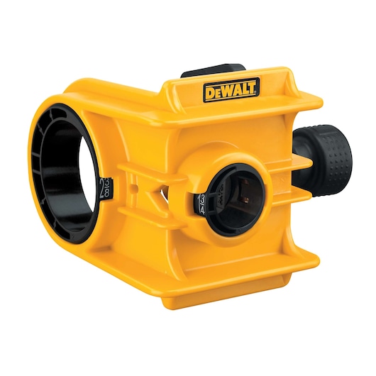 A yellow DEWALT hole saw attachment for rotary tools, designed for wood drilling. The item features a cylindrical opening with black accents and a knob for adjustments.