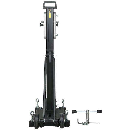 Front view of a DEWALT drill stand designed for photography or camera mounting, featuring a sturdy base with wheels and locking rings, alongside a separate metal accessory with handles on each side.