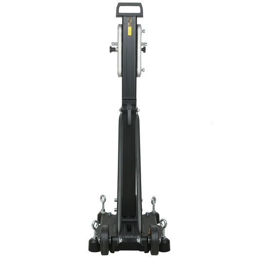 Front view of a DEWALT drill stand, designed for supporting and stabilizing drilling equipment, featuring a sturdy base with four wheels and metal support arms.
