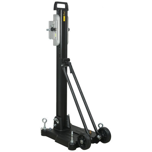 A DEWALT D215851 heavy-duty drilling stand made of black metal, featuring a vertical column with handle, silver mounting bracket, adjustable support arms, and two wheels for portability.