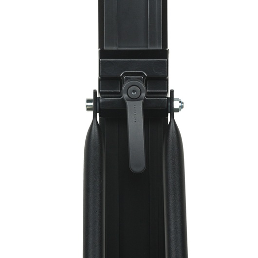 Close-up view of a DEWALT black metal tripod leg lock mechanism with a central adjustment lever.