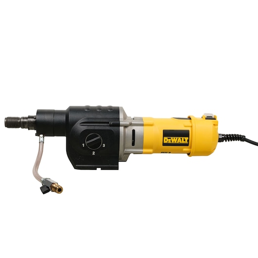 A DEWALT-branded power tool, specifically a yellow and black electric drill with a side dial for speed settings, a corded power connection, and a metal attachment at the tip.