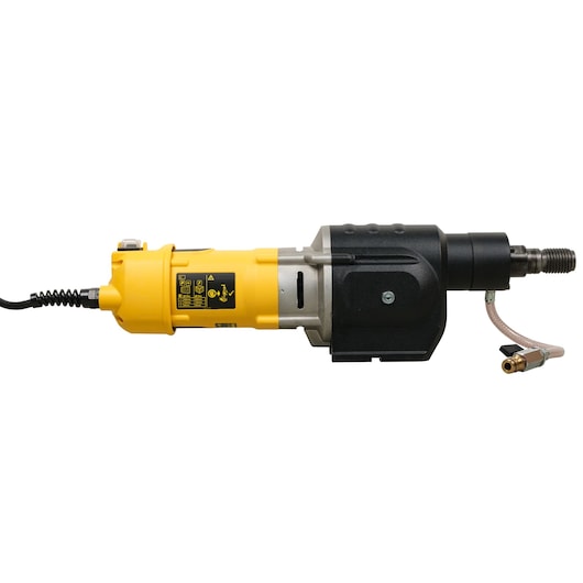 A DEWALT electric core drill with yellow and black casing, featuring a cord and water feed attachment, shown against a white background.