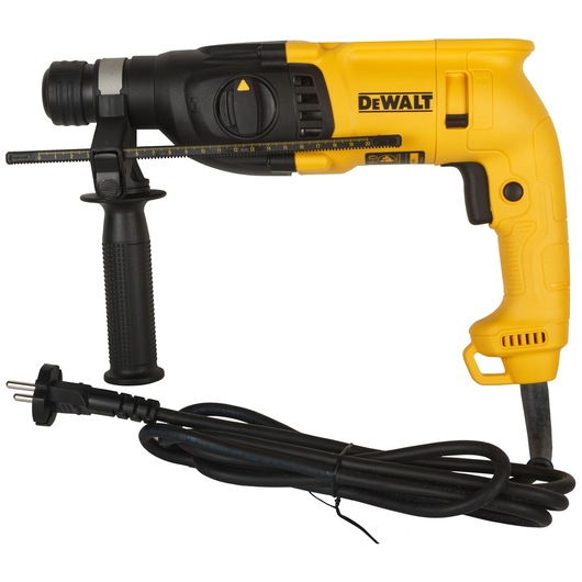 A yellow and black DEWALT electric rotary hammer drill with a side handle, depth gauge, and a long black power cord with a two-prong plug.