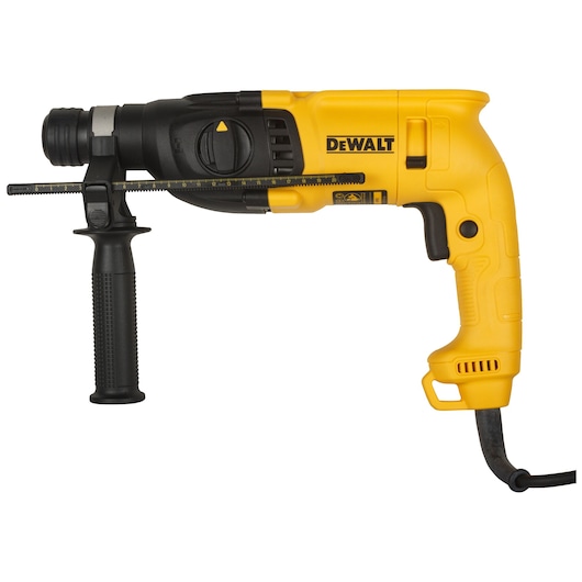 Yellow DEWALT electric drill with black handle and cord, model D25032B, shown from the side against a white background.