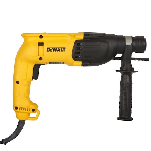 A yellow and black DEWALT electric drill with a side handle, shown against a white background.