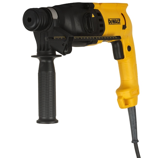 A yellow and black DEWALT corded rotary hammer drill with a side handle, shown against a white background.