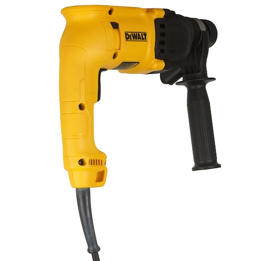 A yellow and black DEWALT electric drill with a side handle and cord attached, shown against a white background.