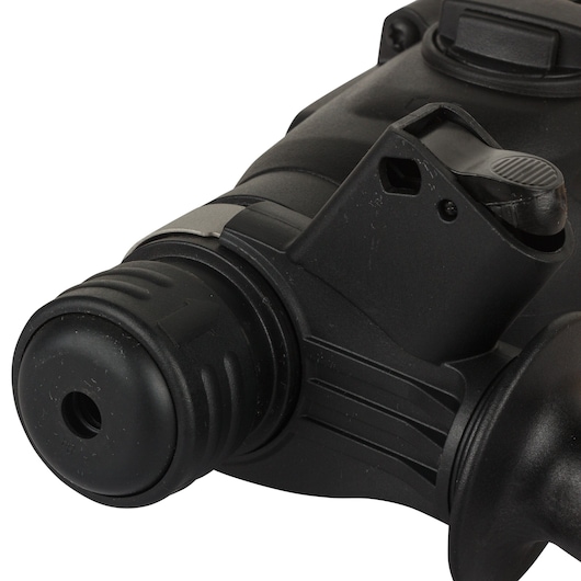 Close-up view of a black DEWALT power tool component, showing the detailed grip and adjustment mechanism.