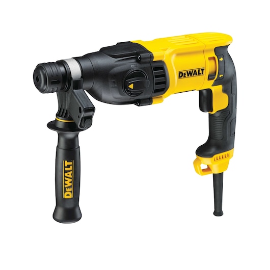 A yellow and black DEWALT rotary hammer drill with an auxiliary handle and a corded power supply, shown on a white background.