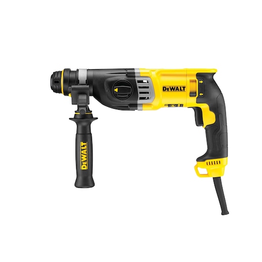 A DEWALT branded yellow and black rotary hammer drill with a side handle, model D25143K, shown against a white background.